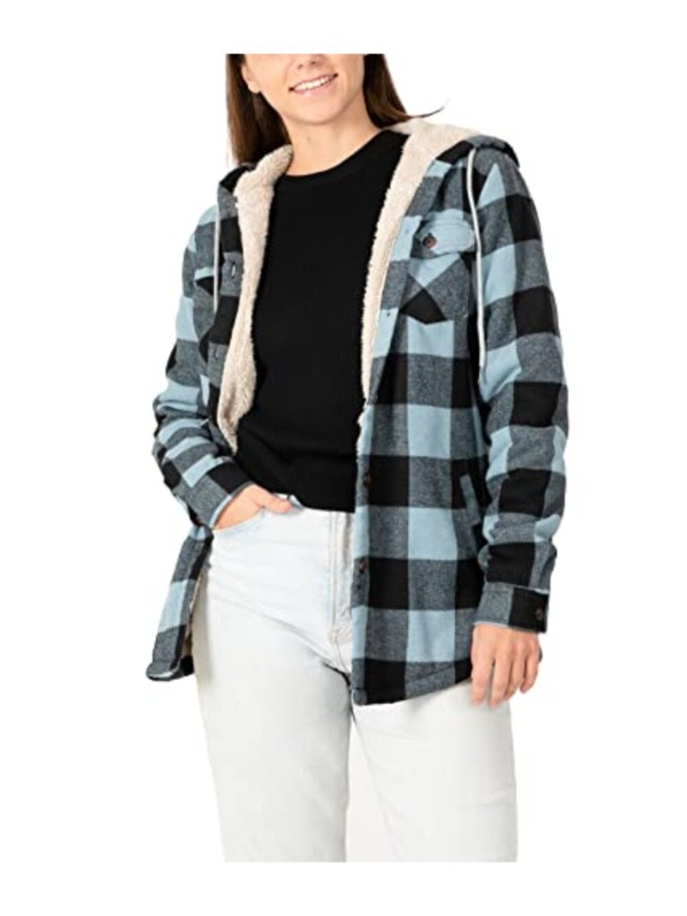 Sherpa Lined Plaid Flannel Jacket Button Down Hooded Shacket